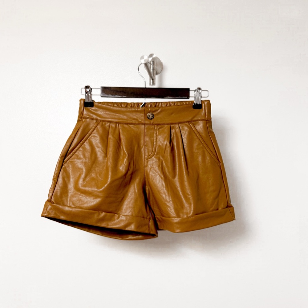 Sincerely Jules High Waist Faux Leather Shorts in Caramel Brown